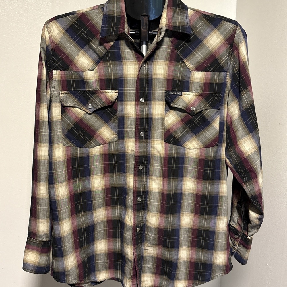 Dickies Relaxed Fit Plaid Western Cowboy Pearl Snap Button Up Shirt Mens Medium